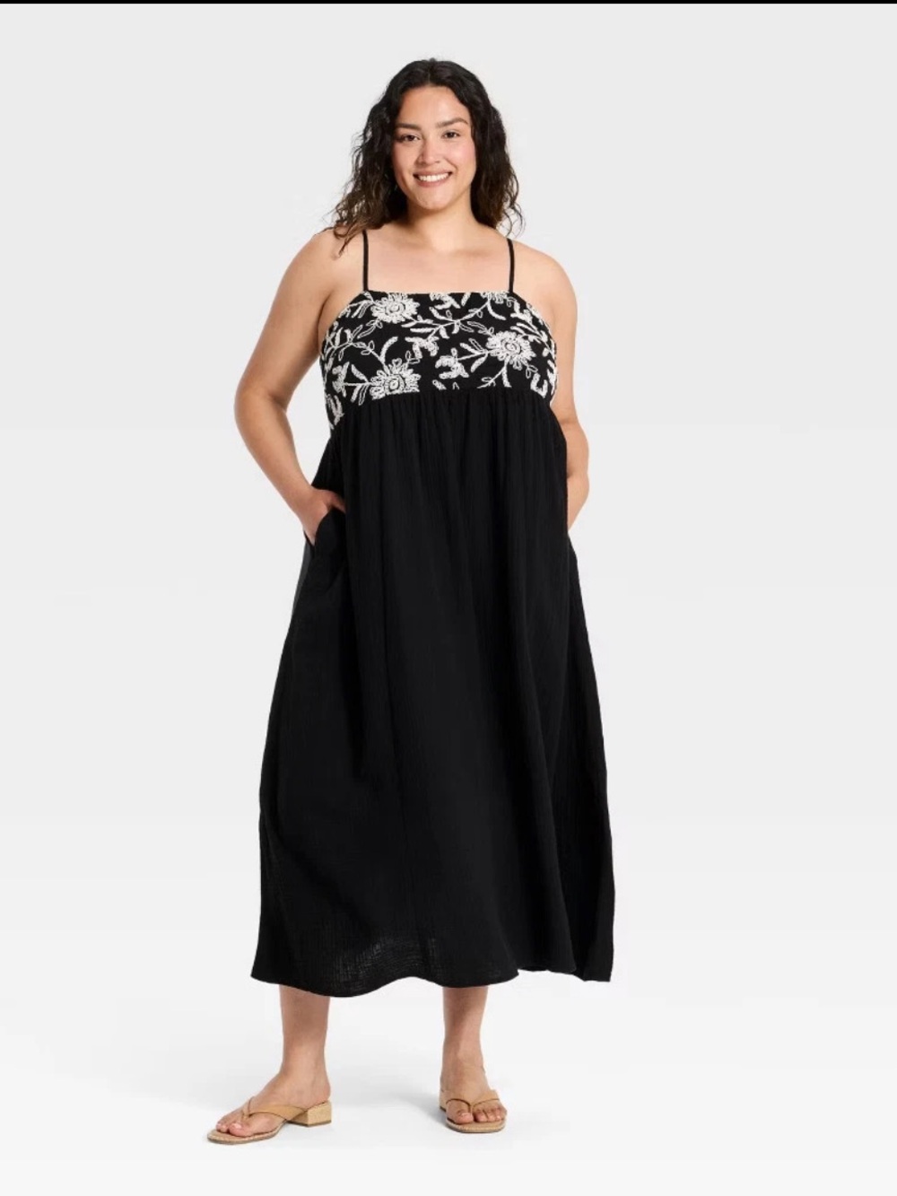 Ava & Viv Black Sundress with White Floral Embroidery